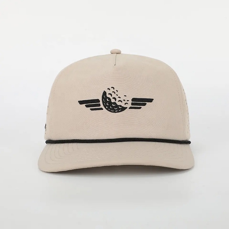Tukkumyynti mukautettu kirjonta -logo 5 paneeli isä hattu korkealaatuinen polyester golf gorras, laserleikallinen reikäurheilu musta baseball -korkki